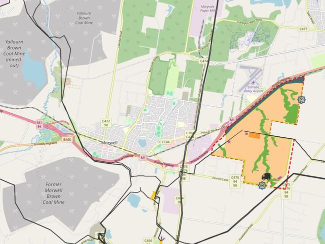 The solar farm marked in orange, with the battery storage in dark orange. Picture: Supplied