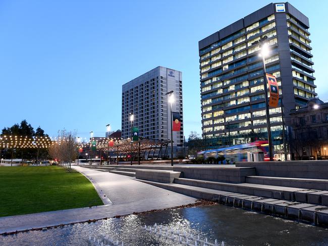 A near-deserted Victoria Square, fifteen minutes before the 6pm lockdown on Tuesday July 20. Picture Mark Brake.