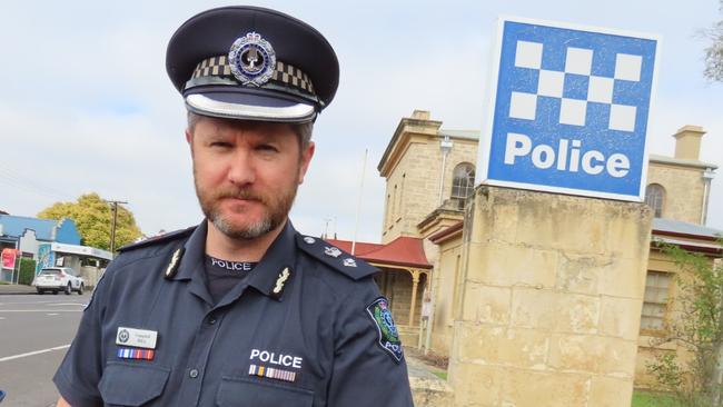 Officer in charge of the Limestone Coast Superintendent Campbell Hill hands out a stern message to drivers ahead of the long weekend. Picture: Arj Ganesan