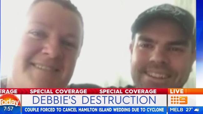 Amy Murphy and Damian Hall were forced to cancel their Hamilton Island wedding due to cyclone. Picture: Today/Channel 9