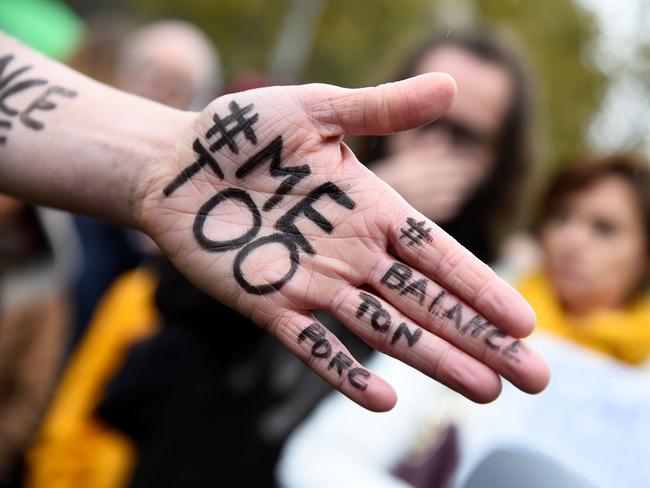 A protester’s hand, supporting the #MeToo movement, during a gathering against gender-based and sexual violence in 2017. Picture: Bertrand Guay