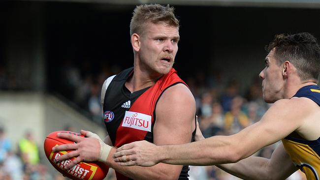 AFL Round 11 - West Coast Eagles vs Essendon Bombers, Domain Stadium, Perth.Photo by Daniel Wilkins. PICTURED - Essendon's Michael Hurley is tackled by Eagle Luke Shuey