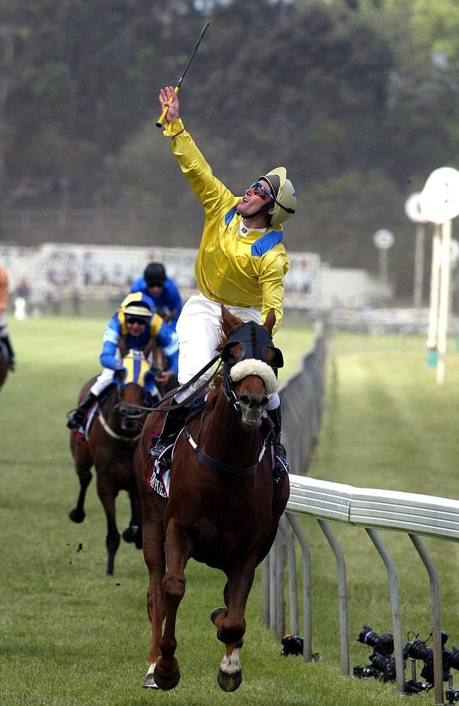 Jockey Damien Oliver raises his arm in the air as he wins the Melbourne Cup on Irish horse Media Puzzle.