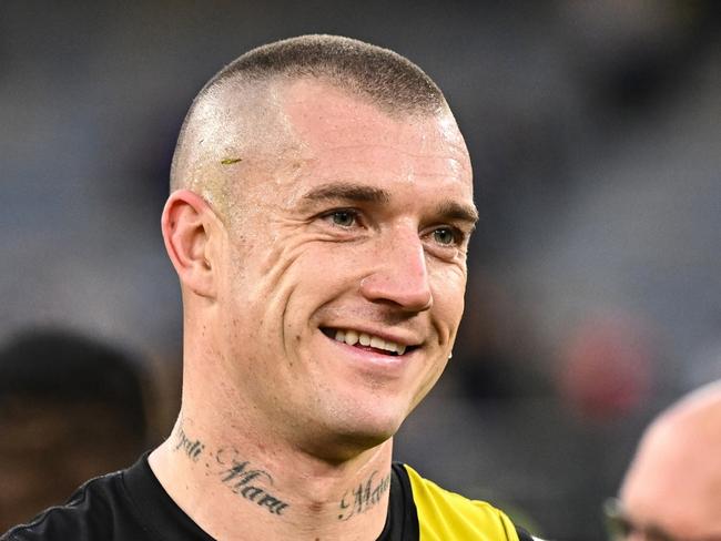 PERTH, AUSTRALIA - JULY 16: Dustin Martin of the Tigers is happy with the win during the 2023 AFL Round 18 match between the West Coast Eagles and the Richmond Tigers at Optus Stadium on July 16, 2023 in Perth, Australia. (Photo by Daniel Carson/AFL Photos via Getty Images)