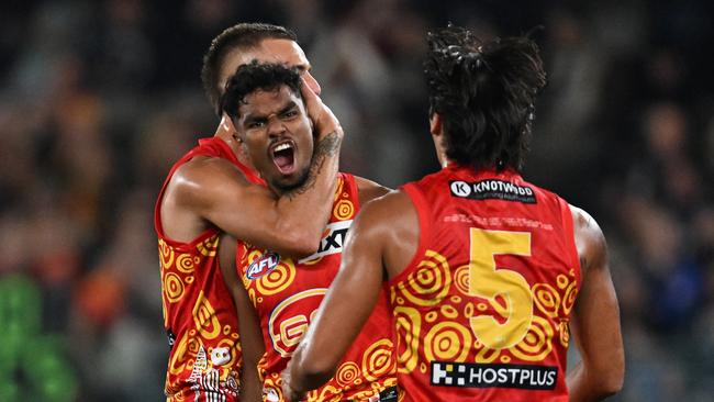 Lloyd Johnston of the Suns celebrates kicking a goal during the round 11 AFL match between Carlton Blues and Gold Coast Suns at Marvel Stadium, on May 25, 2024, in Melbourne, Australia. Picture: Daniel Pockett/Getty Images