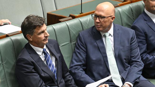 Angus Taylor and Peter Dutton in the House of Representatives at Parliament House in Canberra. Picture: NewsWire / Martin Ollman