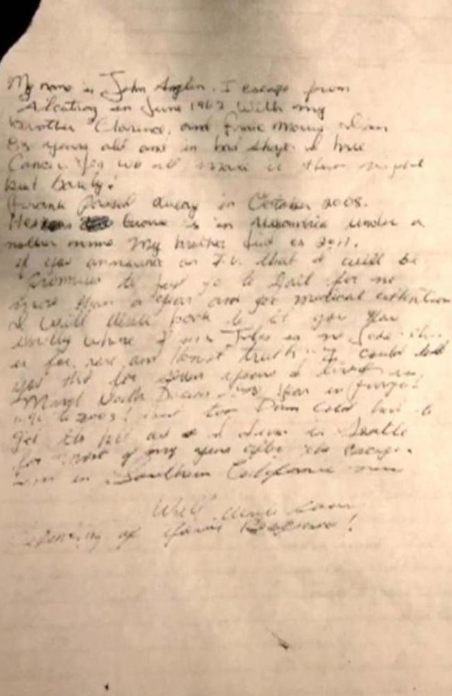 This letter is said to be written by John Anglin who was thought to have died after escaping from Alcatraz. Picture: Supplied