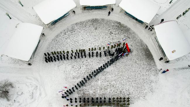 People form a Z sign during a flash mob at Zhukov Victory Park. Picture: Danil Aikin/TASS/Sipa USA/AAP