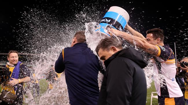 Brumbies coach Dan McKellar is doused by Powerade after the final siren at GIO Stadium. Picture: Getty Images