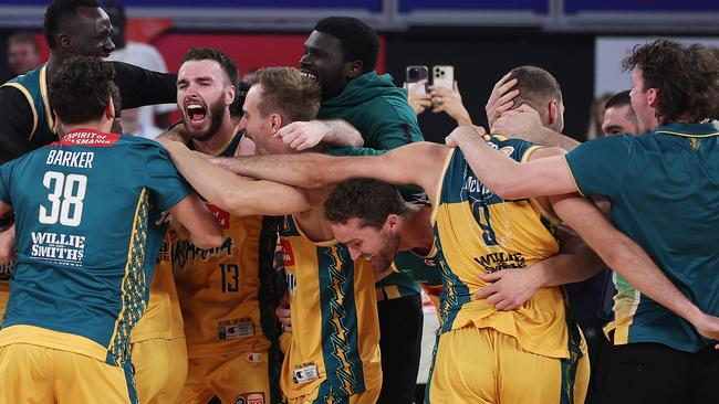 JackJumpers celebrate on the final buzzer after winning game five of the NBL Championship Grand Final Series between Melbourne United and Tasmania JackJumpers at John Cain Arena, on March 31, 2024, in Melbourne, Australia. (Photo by Daniel Pockett/Getty Images)