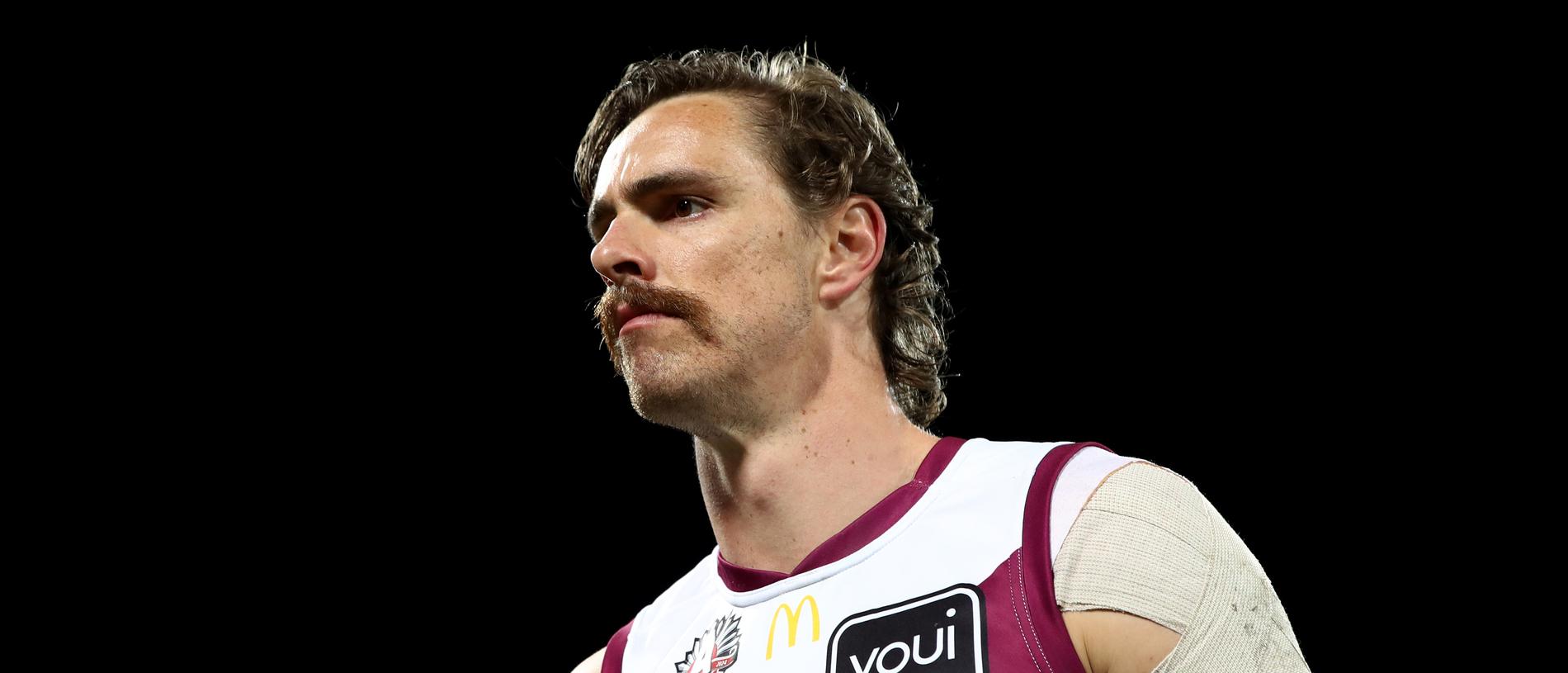 CANBERRA, AUSTRALIA - APRIL 25: Joe Daniher of the Lions looks dejected during the round seven AFL match between Greater Western Sydney Giants and Brisbane Lions at Manuka Oval on April 25, 2024 in Canberra, Australia. (Photo by Jason McCawley/AFL Photos/via Getty Images )