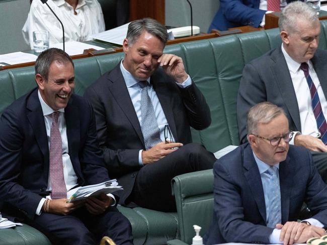 Treasurer Jim Chalmers, Deputy Prime Minister Richard Marles and Anthony Albanese have a good old laugh during Question Time in Parliament House Canberra. Picture: Gary Ramage