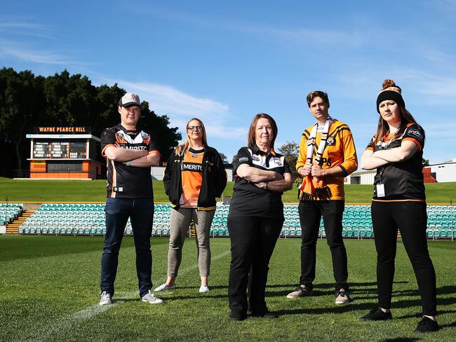 Tigers fans Paul Wiggins, Jess Lawlor, Jan Bolton, Tim Cummings and Allana Hempenstall oppose any move to shift NRL games away from Leichhardt. Picture: AAP Image/Danny Aarons