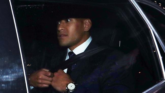 Israel Folau leaves Rugby Australia’s HQ after a day of hearings. Picture: Matt King/Getty Images