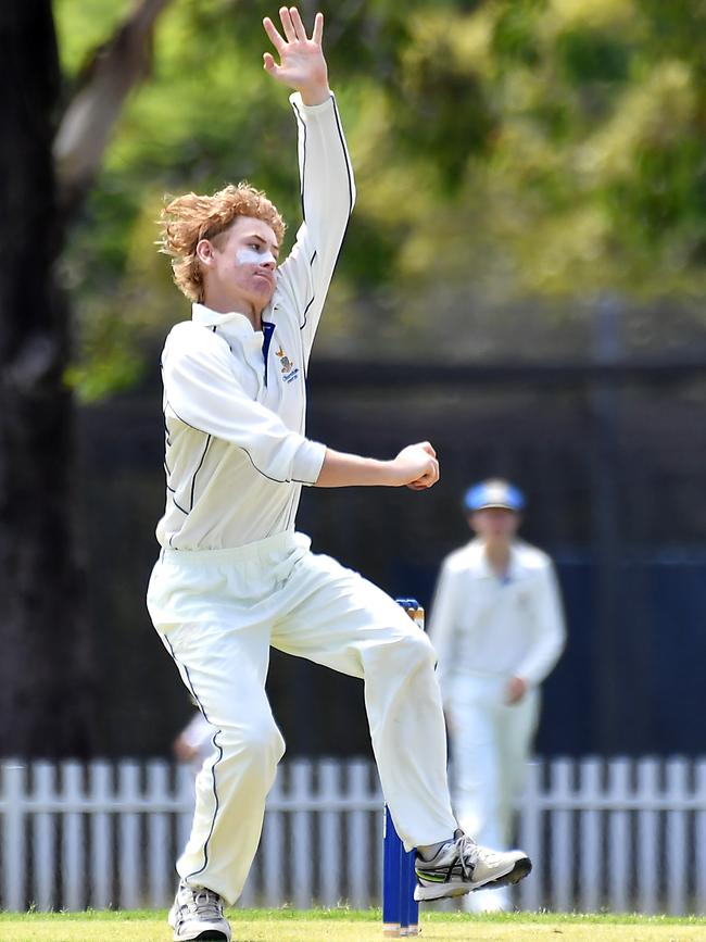 Churchie bowler Tighe Morris GPS First XI cricket between Churchie and Toowoomba Grammar School Saturday February 25, 2022. Picture, John Gass