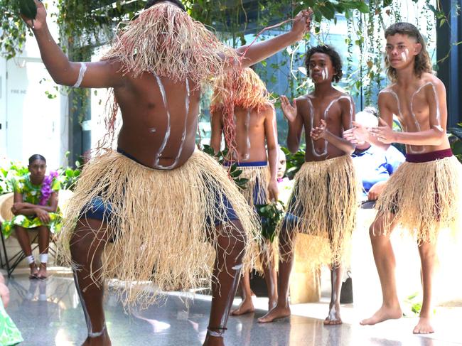 AFL Cape York House cultural dancers perform a welcome to country ceremony at the coming together of James Cook University and Thriving Queensland Kids Partnership. Picture: Peter Carruthers