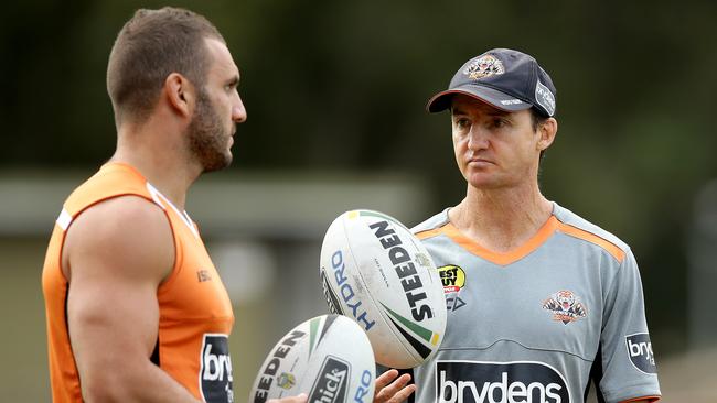 Robbie Farah and coach Jason Taylor during the Wests Tigers media session at Concord Oval,Concord .Picture Gregg Porteous