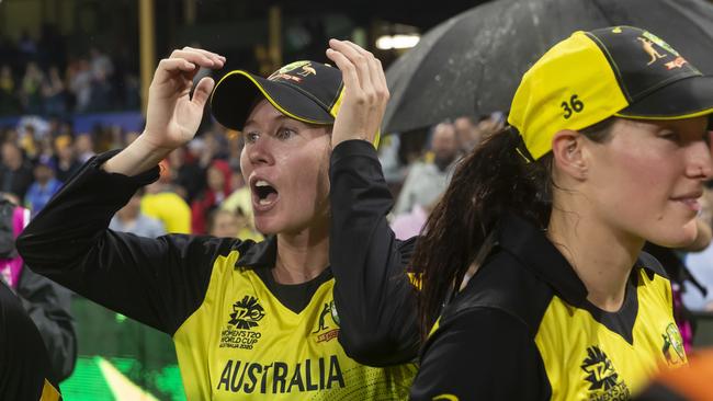 A very relieved Beth Mooney after Australia’s win over South Africa in the semi final. Picture: AAP