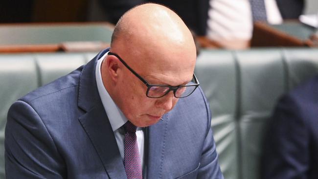 Opposition Leader Petter Dutton broke down as he read Grant Stevens’ the letter. Picture: NCA NewsWire / Martin Ollman