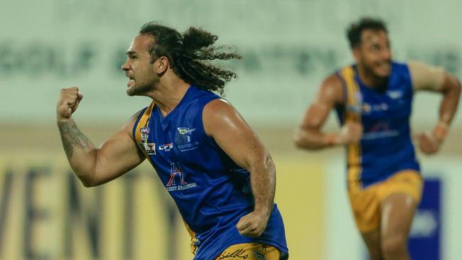 Jerome Motlop celebrates as Wanderers bring their NTFL win count to four matches. Picture: Glenn Campbell