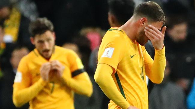 James Troisi reacts after the Socceroos fail to make the most of their chances in the 2-1 World Cup qualifier win against Thailand at the MCG. Picture: Scott Barbour/Getty Images