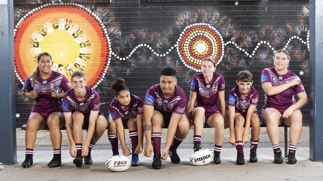 Lyric, Bailey, Ayjah, Axe, Emma, Cooper and Angel from Beenleigh SHS Titans Schools League posing at Beenleigh SHS at 40 Alamein St, Beenleigh, Brisbane 29th of April 2021. (News Corp/Attila Csaszar)