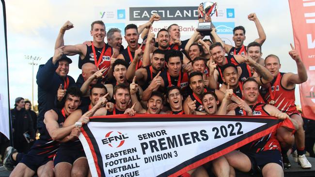 The Waverley Blues celebrate the 2022 Division 3 flag. Picture: Davis Harrigan