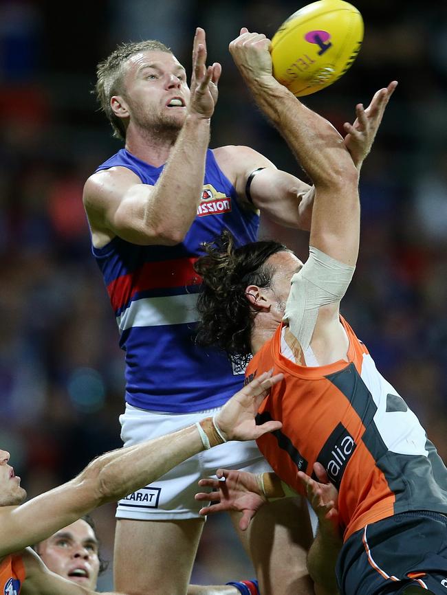 Jake Stringer flies high against GWS. Picture: Michael Klein