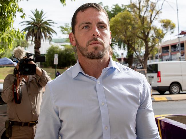 28-02-2024 - Former NT police officer Zachary Rolfe arrives Alice Springs court for day three of him giving evidence at the inquest into the death of Kumanjayi Walker. Picture: Liam Mendes / The Australian