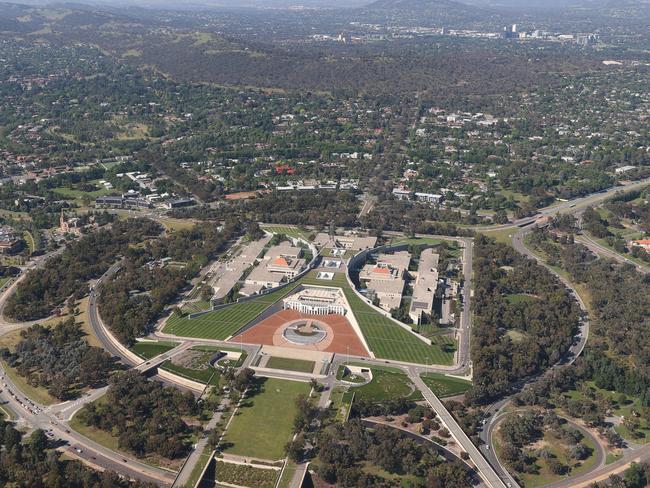 POOL PHOTO: Aerial view of Parliament House in Canberra on Friday 3 December 2021. Pool photo: Alex Ellinghausen