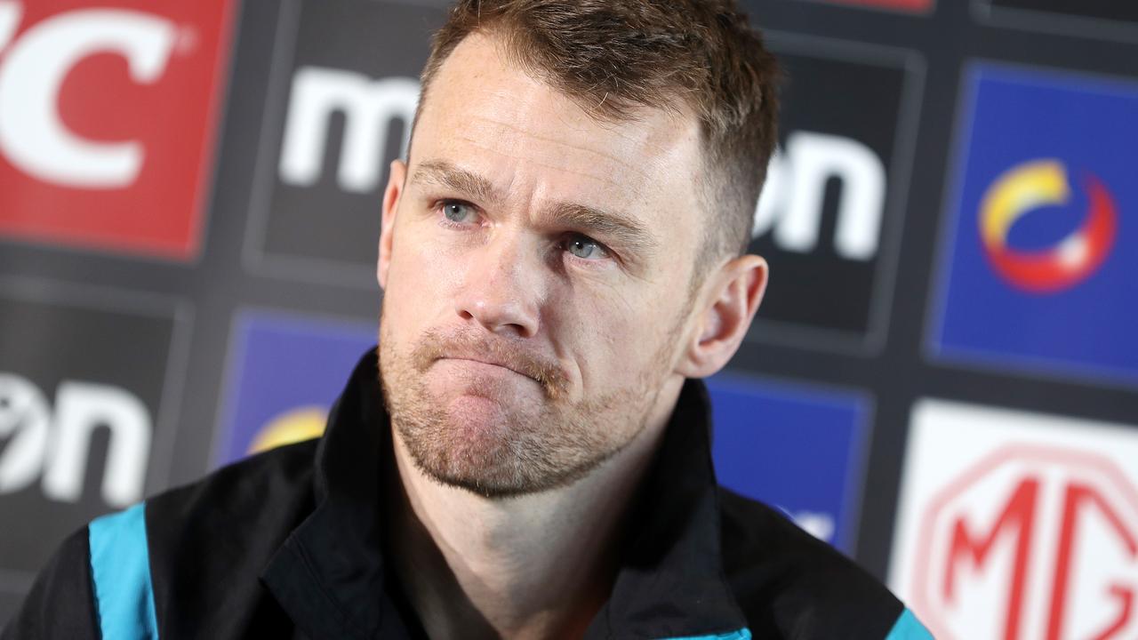 Robbie Gray announces his retirement at Alberton Oval on Tuesday. Picture: Sarah Reed