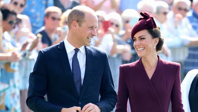 Prince William, Prince of Wales and Catherine, Princess of Wales arrive at St David’s Cathedral to commemorate the life of Her Late Majesty Queen Elizabeth II on the first anniversary of her passing. Picture: Getty