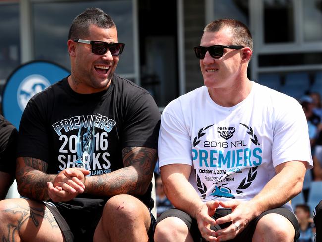 Andrew Fifita and Paul Gallen soak up the Sharks fan day atmosphere on Monday. Picture : Gregg Porteous