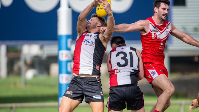 Wyatt Ryan and Daniel O’Dwyer in the Southern Districts vs Waratah 2023-24 NTFL men's knockout semifinal. Picture: Pema Tamang Pakhrin