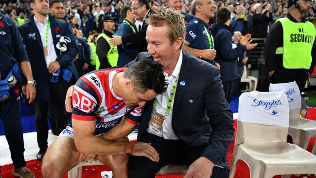 Trent Robinson and Cronk celebrated the premiership after an emotional week. Picture: NRL Photos