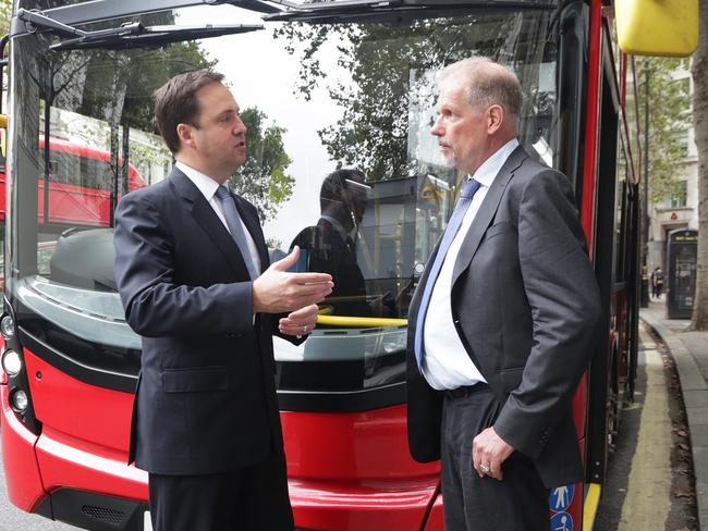 Trade Minister Steven Ciobo with the CEO of Tower Transit, Neil Smith. Picture: Ella Pellegrini