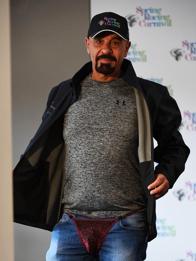 Trainer Marwan Koukash shows off the g-string he plans to wear should Magic Circle win the Melbourne Cup. Picture: AAP