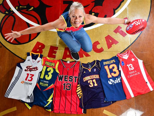 20/01/2016 Crows womens captain Erin Phillips back where her basketball career started at West Adelaide basketball stadium with some of her playing tops she has worn in her career around the world. Picture Mark Brake