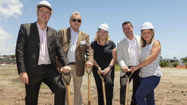 Gold Coast Airport Chief Executive Officer Chris Mills, developer John Robinson, Federal MP for McPherson Karen Andrews, Rydges Hotels and Resorts General Manager Gold Coast Stephen Oakley and Queensland Tourism Industry Development Minister Kate Jones at the turning of the first sod of the new Rydges Hotel at Gold Coast Airport.