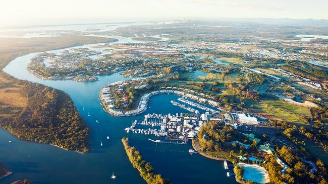 Aerial of Sanctuary Cove resort, looking east towards the Broadwater.