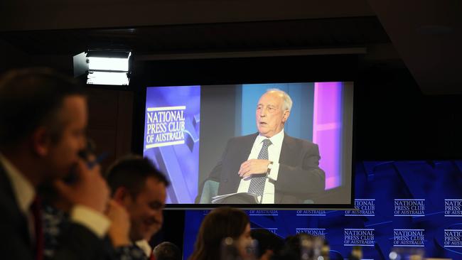 Former prime minister Paul Keating spoke via video at the National Press Club on Wednesday, where he said Australia shouldn’t be threatened by China. Picture: NCA NewsWire / Gary Ramage