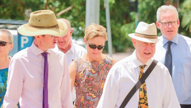 Children's Commissioner Colleen Gwynne flanked by her legal team, including senior counsel Phillip Boulten at Darwin Local Court. Picture: Glenn Campbell