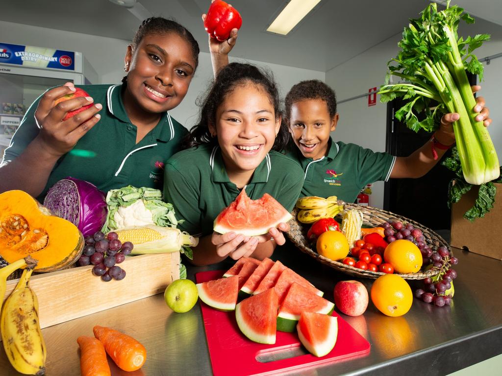 Ipswich East State School Year 5 students Alicia Kusu, Pelenise Mana’o and Jaxyn Miabox are loving taking part in the Life Education Queensland Healthy Eats program.