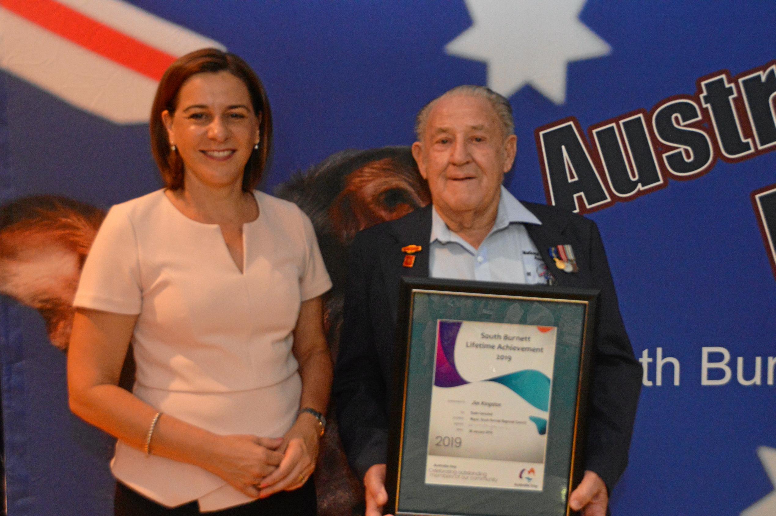 Member for Nanango Deb Frecklington with South Burnett lifetime achievement winner Jim Kingston at the South Burnett Australia Day awards 2019. Picture: Claudia Williams