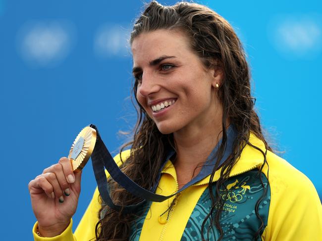 PARIS, FRANCE - JULY 28: Gold Medalist Jessica Fox of Team Australia poses on the podium during the Canoe Slalom medal ceremony after the WomenÃ¢â¬â¢s Kayak Single Final on day two of the Olympic Games Paris 2024 at Vaires-Sur-Marne Nautical Stadium on July 28, 2024 in Paris, France. (Photo by Francois Nel/Getty Images)