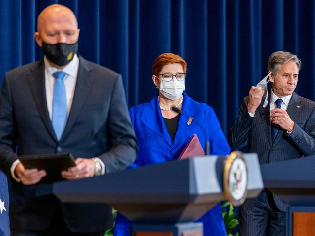 Peter Dutton. left, Marise Payne and US Secretary of State Antony Blinken. Picture: AFP