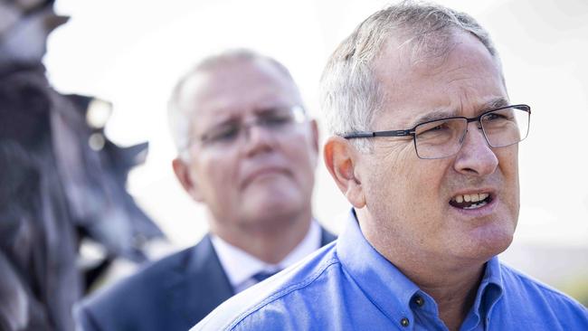 PORTLAND, VICTORIA, AUSTRALIA - NewsWire Photos MARCH 19, 2021.The Hon. Scott Morrison MP Prime Minister visits the Portland Aluminium smelter, to announce funding. PM Scott Morrison and Michael Gollschewski speaking to the press. Picture: NCA NewsWire / Nicole Cleary