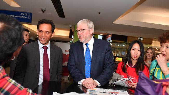 Former Prime Minister Kevin Rudd with Labor candidate for Banks Chris Gambian in Hurstville on Tuesday. Picture: Dean Lewins