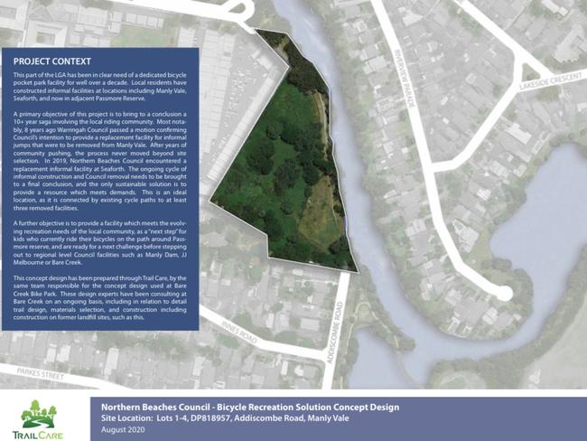 A concept plan for a new bike trail park in Manly Vale, near the lagoon and the industrial estate. Picture: Trail Care.