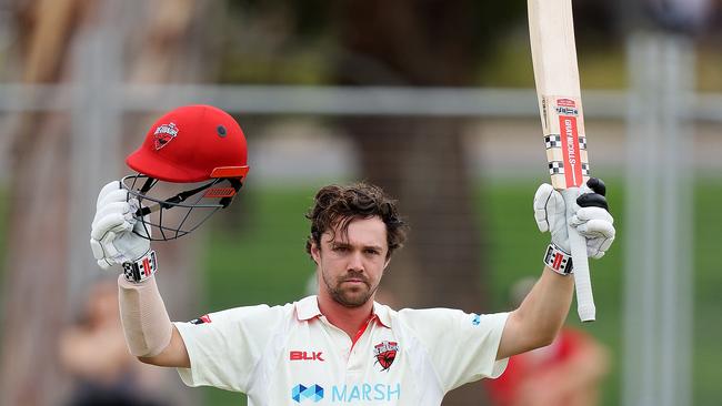 ADELAIDE, AUSTRALIA - OCTOBER 22: Travis Head of the Redbacks reacts after scoring a century at Karen Rolton Oval on October 22, 2020 in Adelaide, Australia. (Photo by Daniel Kalisz/Getty Images)